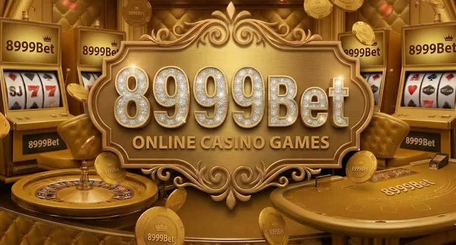A triumphant player amid a rain of gold currency and a glowing fortune wheel — representing the opulence of 8999Bet.
